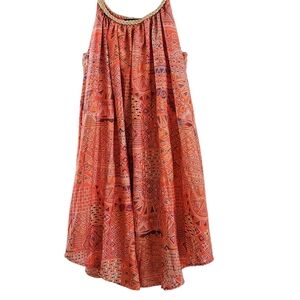 Kaktus Sundress M Coral Ethnic Boho Print Lined Gold Braid Neckline Straps